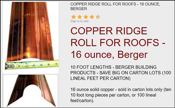 COPPER RIDGE METAL FOR ROOFS sold at the Slate Roof Warehouse COPPER RIDGE METAL FOR ROOFS sold at the Slate Roof Warehouse