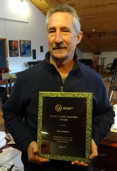 Joe Jenkins receives the H. Clark Gregory Award at the US Compost Council January 2105 Conference in austin, Texas